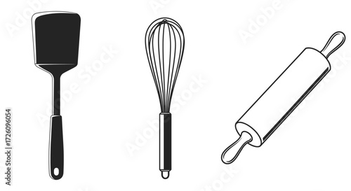 Illustration of a spatula, whisk, and rolling pin