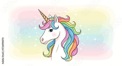 Cartoon unicorn head with rainbow mane and golden horn on pastel background