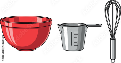 Red mixing bowl, measuring cup, and whisk on white background