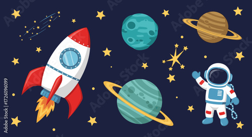 Cartoon space scene with rocket, planets, stars, and astronaut