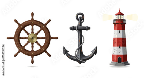 Illustration of a ship wheel, anchor, and lighthouse on a white background