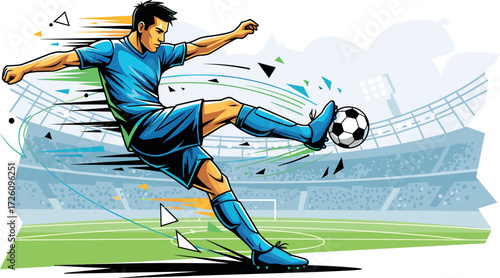 Cartoon illustration of soccer player kicking ball in stadium