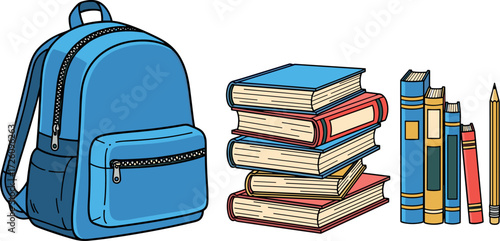 Illustration of a blue backpack, stack of books, and a pencil