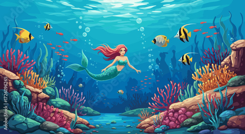 Cartoon mermaid swimming underwater with fish and coral