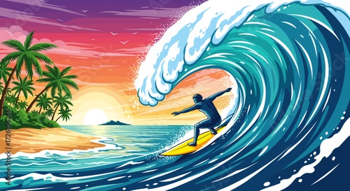 Surfer riding a large wave near a tropical beach at sunset