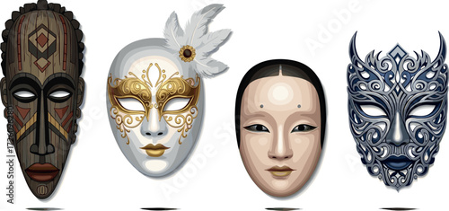 Four distinct masks: tribal, venetian, asian, and ornate metal
