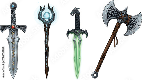 Illustration of four fantasy weapons: sword, staff, dagger, and axe