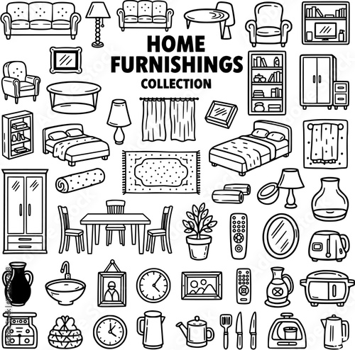 Doodle Home Furnishings Collection: Hand-Drawn Household Furniture, Decor, and Appliances Line Art Icons