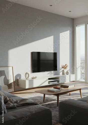 Elements include a mounted flat-screen TV, a wooden coffee table, a light gray wall, large windows, a decorative plant, a textured rug, and minimalist decor items.
