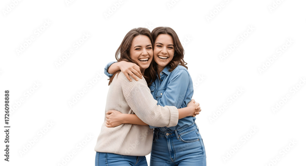 Naklejka premium Two happy young women embracing joyfully.
