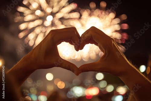 Two hands form a heart shape against a blurred background of fireworks and bokeh lights