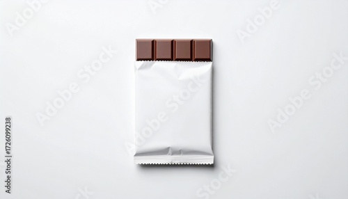 Unwrapped chocolate bar with a blank white packaging wrapper on a clean, light background, perfect for confectionery product design mockups, branding, or sweet snack promotions