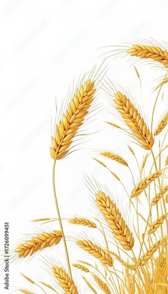 Fototapeta premium Golden Rice Ears on White Background Agricultural Harvest Concept