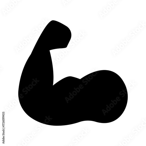 Simple arm power black silhouette icon in a clean flat style, featuring a minimalist vector outline of a strong flexed bicep. Ideal for concepts of strength, fitness, bodybuilding, gym workout, health