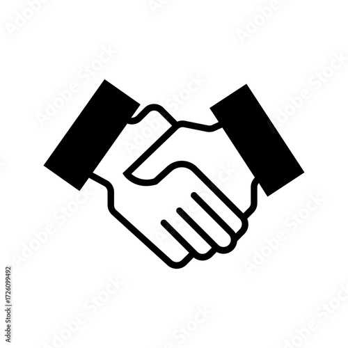 A simple deal icon in a clean, black silhouette flat style, featuring a vector outline of a handshake or agreement symbol. The minimalist design is ideal for business partnerships, contracts, negotiat
