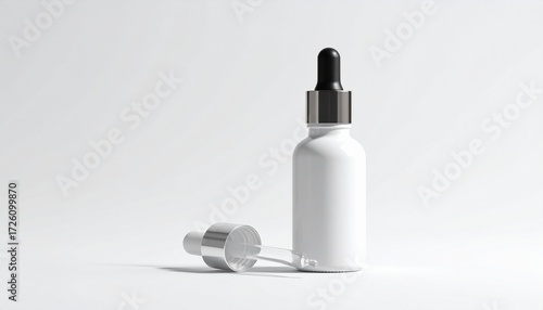 Elegant white cosmetic bottle with a dropper for beauty products like face serum or essential oil, displayed as a product packaging mockup on a simple white background