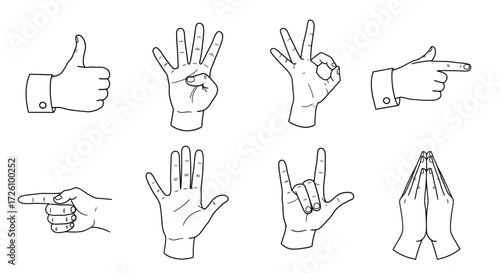 Diverse hand gestures collection, express yourself with universal communication, vector style, perfect for infographics and educational materials, hand signs illustration