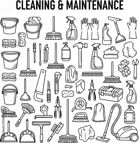 Household Cleaning  Repair Tools and Supplies Hand-Drawn Doodle Set