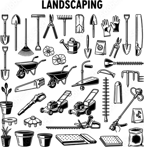 Landscaping Tools Icon Set: Black and White Vector Illustration