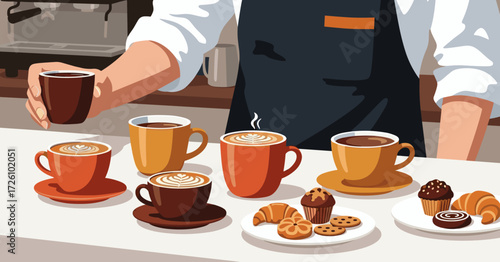 Barista serving coffee and pastries