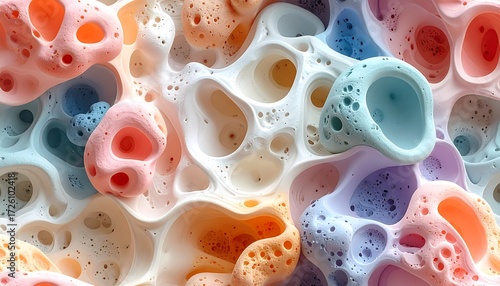 Abstract pastel-colored, porous, 3D-rendered forms resembling a landscape