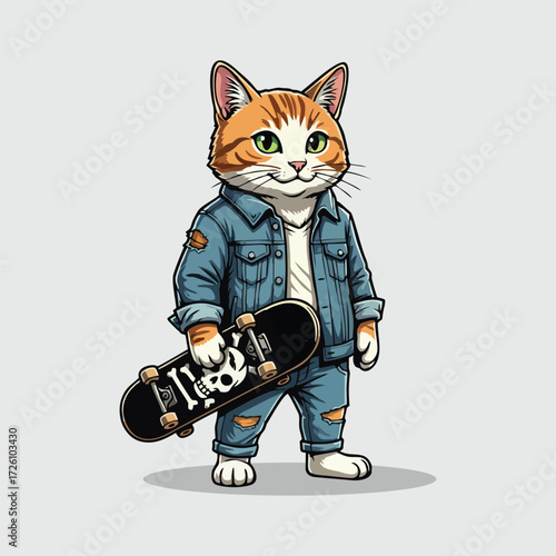 Cool cat dressed in denim holding a skateboard cartoon art