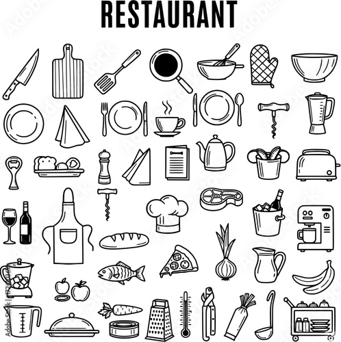 Restaurant Line Art Icons: Kitchenware, Food  Drinks Vector Collection