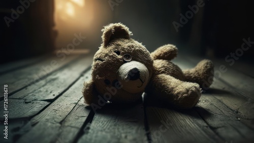 Abandoned teddy bear lying on old wooden floor in a dark, dusty room with a ray of light.