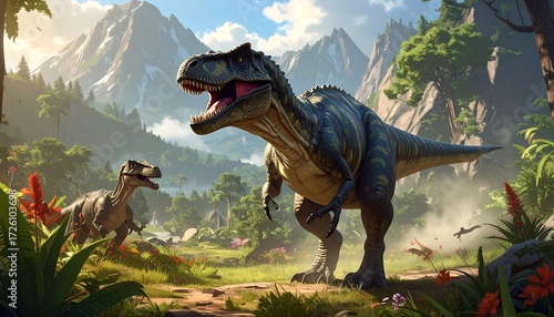 Fototapeta Naklejka Na Ścianę i Meble -  Two dinosaurs in a lush prehistoric valley