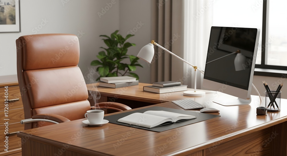 Fototapeta premium Modern office desk with leather chair, computer monitor, open book, coffee cup, desk lamp, and plant in a wooden interior.