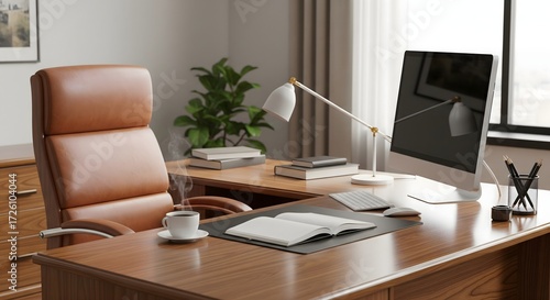 Wallpaper Mural Modern office desk with leather chair, computer monitor, open book, coffee cup, desk lamp, and plant in a wooden interior. Torontodigital.ca