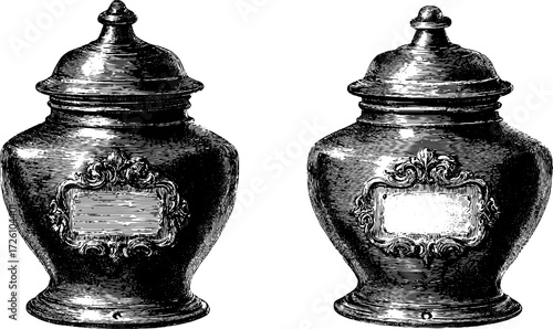 Vintage apothecary jars engraving for historical design