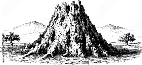 Vintage etching of majestic termite mound with ants in nature setting for educational and decorative use