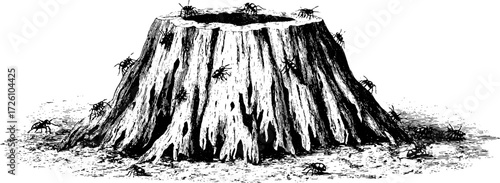 Vintage etching of ants and termites exploring tree stump