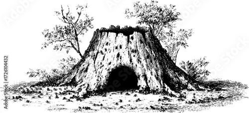 Vintage etching of ants and termites around a termite mound with trees