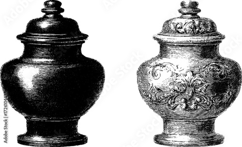 Vintage apothecary jars in engraving style for retro design and decor concepts