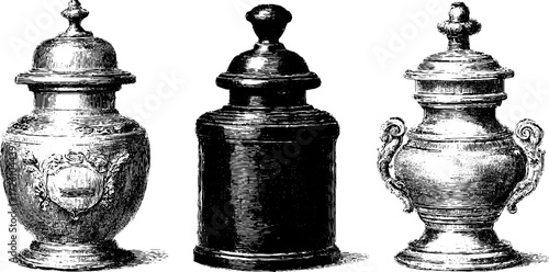 Vintage apothecary jars in engraving style for antique collection design