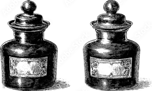 Vintage engraving style ceramic apothecary jars design for decoration and labels