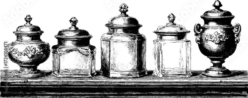 Vintage engraving of apothecary jars - retro design for home decor and label art