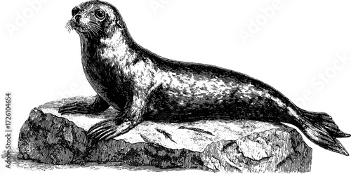 Engraved arctic seal resting on rock - vintage wildlife art for nature lovers