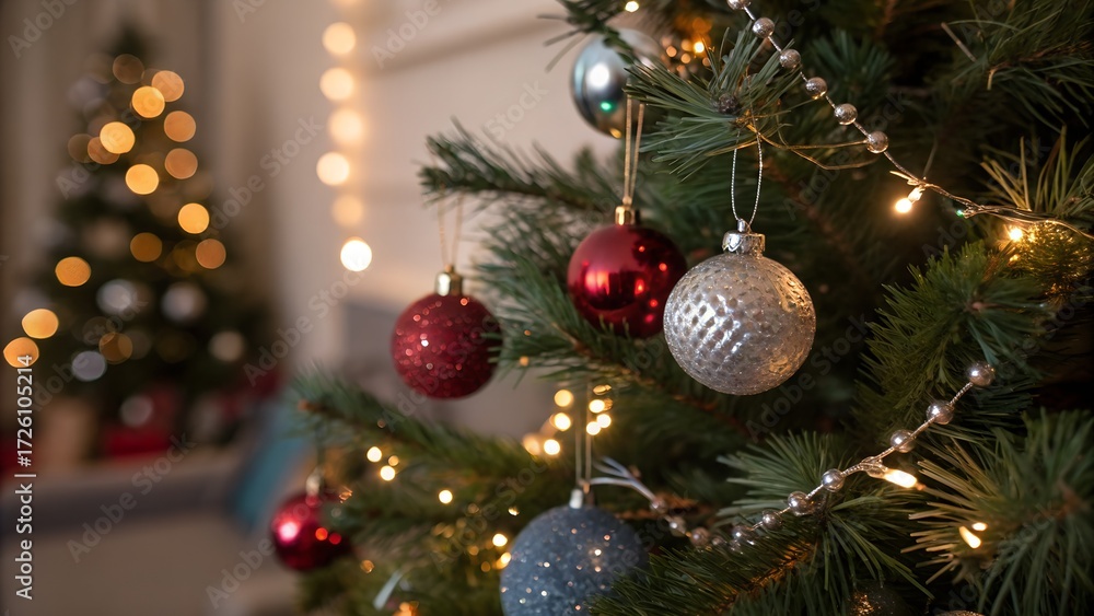 Fototapeta premium Festive Christmas Tree Decorations Ornaments Lights and Holiday Cheer in a Cozy Home Setting