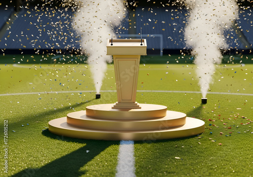 A triumphant scene featuring a golden winners podium on a green soccer field under a celebratory shower of gold confetti and pyrotechnic smoke, symbolizing ultimate victory and success