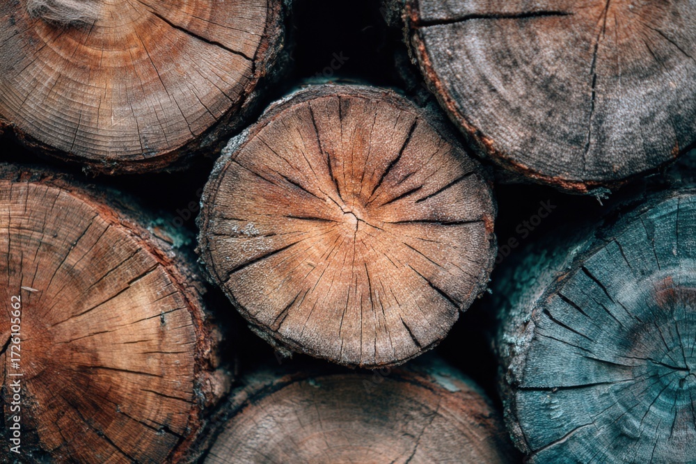 Naklejka premium Lumber wood. Firewood, sawn cut trees, logs close up background texture. Timber harvesting. Deforestation, forest destruction