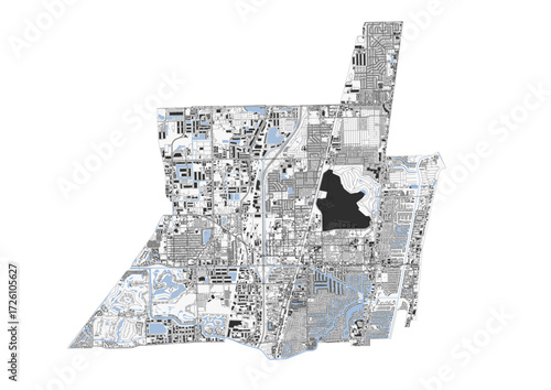 
A detailed vector map of Pompano Beach, Florida, showing a complex network of highways, waterways, and buildings.