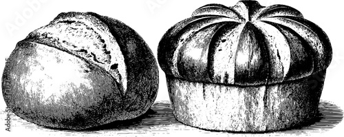 Vintage bread loaves and rolls in engraving style for culinary design