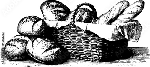 Vintage etching of bread loaves and rolls in a woven basket