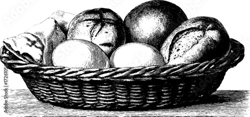 Vintage etching of bread loaves and rolls in basket - perfect for kitchen decor and culinary designs