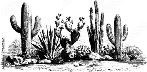 Engraved cacti varieties sketch for botanical design and decoration
