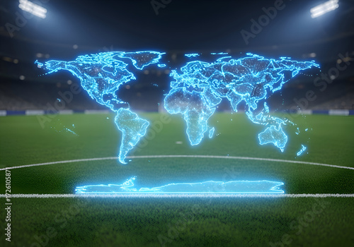 Global Football A digital depiction of the world map projected onto a soccer field, symbolizing the international reach and widespread popularity of the sport, connecting diverse nations