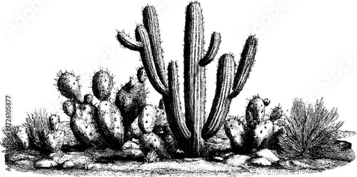 Engraved cacti varieties illustration for vintage design projects